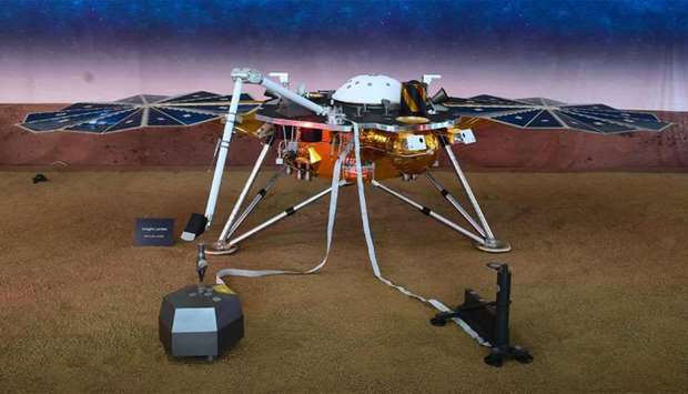 A replica of the InSight Mars Lander is on display at the NASA Jet Propulsion Laboratory (JPL) in Pasadena