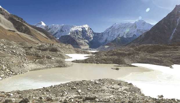 A general view of the Imja glacial lake controlled exit channel in the Everest region of the Solukhumbu district, some 140km northeast of Kathmandu.