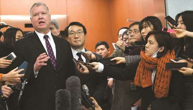 US special representative on North Korea Stephen Biegun (left) speaks to reporters as his South Korean counterpart Lee Do-hoon (centre) looks on after their u201cworking groupu201d meeting handling North Korean issues at the Foreign Ministry in Seoul yesterday.