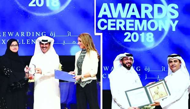 CNA-Q president Dr Khalifa al-Khalifa honouring a student at the ceremony and Oryx GTL offered four very special awards.  PICTURE: Ram Chand