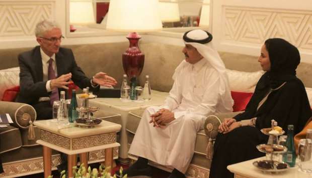 Sir Mark Andrew Lowcock (left) speaks to Ali bin Hassan al-Hammadi at a recent meeting in Doha.
