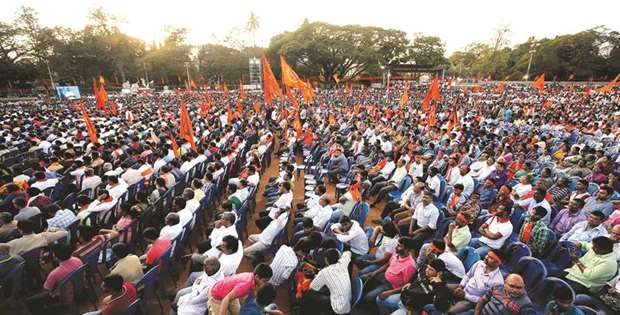 Members of the Vishwa Hindu Parishad (VHP) take part in a rally held in support of the construction of a temple in Ayodhya, in Bengaluru yesterday.