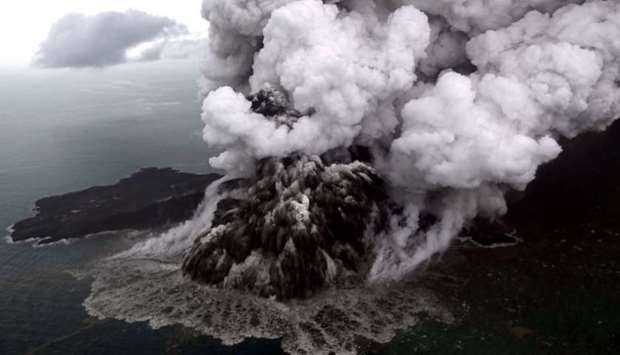 An aerial view of Anak Krakatau volcano during an eruption at Sunda Strait in South Lampung, Indonesia, on Monday