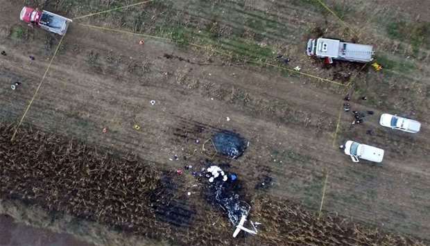 Ariel view of the scene of a helicopter accident in which the governor of the Mexican state of Puebla, Martha Erika Alonso, and her husband, senator and former governor of the same region, Rafael Moreno, died when the chopper plummeted to the ground in San Pedro Tlaltenango