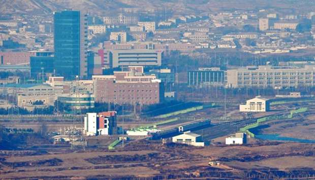 A South Korean train (bottom C) carrying delegates from the South arrives at Panmun Station in North Korea's border city of Kaesong