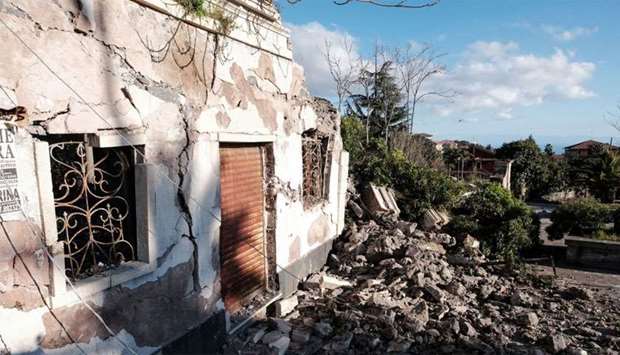 Damaged buildings in Zafferana Etnea near Catania  after a 4.8-magnitude earthquake hit the area
