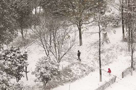 A man and a child walk at the snow-covered Shanshan wetland in Wuhan, Hubei province of China yesterday.