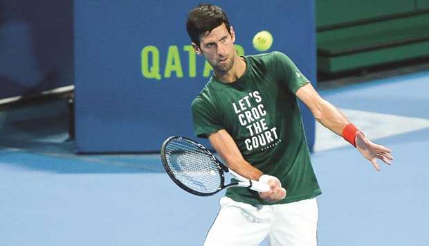 Novak Djokovic in action during a practice session at the Khalifa International Tennis and Squash Complex yesterday. PICTURE: Noushad Thekkayil