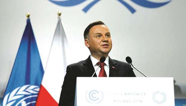 File picture of Polish President Andrzej Duda delivering an address during the opening of COP24 UN Climate Change Conference 2018 in Katowice, Poland, on December 3, 2018.