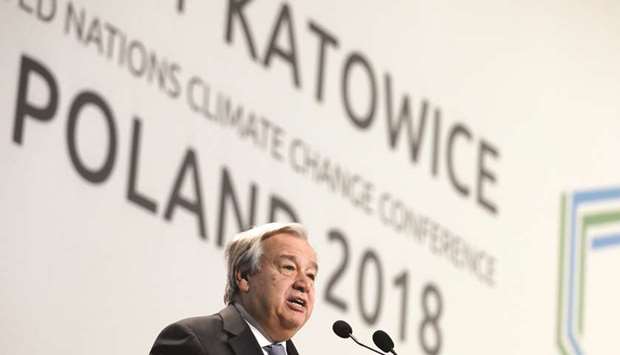 UN Secretary General Guterres addressing attendees at the opening of COP24 UN Climate Change Conference 2018 in Katowice.