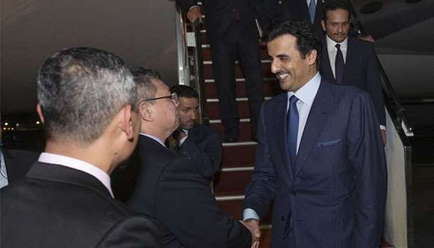 His Highness the Amir Sheikh Tamim bin Hamad al-Thani arrived on Wednesday evening in Kuala Lumpur on a working visit to Malaysia. The Amir was welcomed upon arrival at the Kuala Lumpur International Airport by Malaysian Minister of Foreign Affairs Saifuddin Abdullah, Qatar's ambassador to Malaysia Fahad Mohamed Kafood and members of the Qatari embassy.