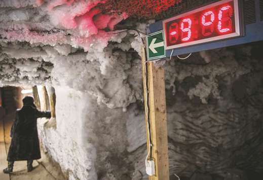 An electronic thermometer shows the temperature in the Museum of the History of Permafrost Studies located beneath the Melnikov Permafrost Institute in the eastern Siberian city of Yakutsk.