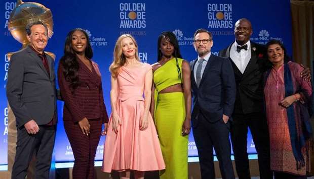 (L-R) Executive Producer and Executive Vice President of Television at Dick Clark Productions Barry Adelman, Golden Globe Ambassador Isan Elba, actors Leslie Mann, Danai Gurira, Christian Slater, Terry Crews and Hollywood Foreign Press Association President Meher Tatna attend the 76th Annual Golden Globe Awards nominations announcement in Beverly Hills, California