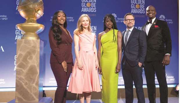 Golden Globe ambassador Isan Elba and actors Leslie Mann, Danai Gurira, Christian Slater, and Terry Crews attend the 76th Annual Golden Globe Awards nominations announcement in Beverly Hills.