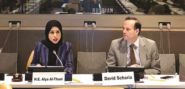 Sheikha Alya Ahmed bin Saif al-Thani briefing the UN member-states on the Doha Forum on Foreign Fighters held in Doha on October 30 and 31.