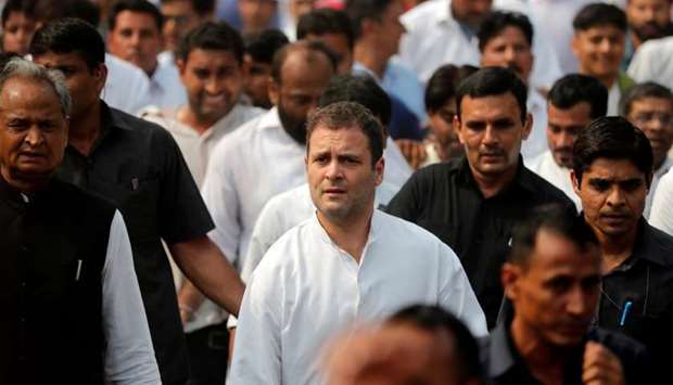 Rahul Gandhi, President of India's main opposition Congress party, walks during a protest near the Central Bureau of Investigation (CBI) headquarters in New Delhi, India, October 26, 2018