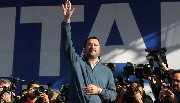 Leader of right-wing League party and Italian Interior Minister Matteo Salvini gestures during a rally in Rome, Italy