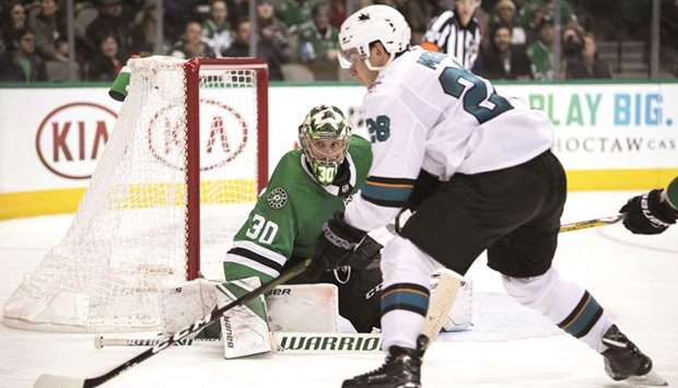 Dallas Stars goaltender Ben Bishop defends the goal against San Jose Sharks right wing Timo Meier during the third period at the American Airlines Center. PICTURE: USA TODAY Sports
