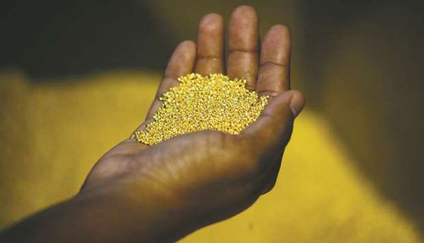 A worker holds a handful of gold bullion granules during manufacture at a plant in Germiston, South Africa (file). The countryu2019s gold industry now employs just over 100,000 people, less than a fifth of the number that used to power the apartheid economy.