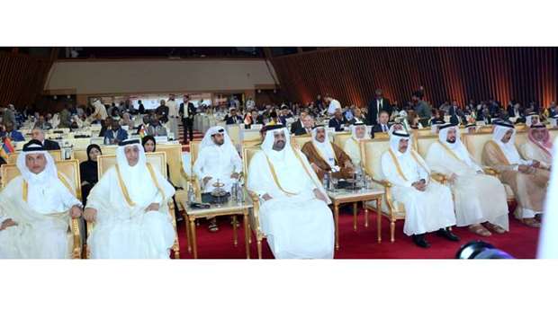 His Highness the Deputy Amir Sheikh Abdullah bin Hamad al-Thani and HE the Speaker of the Shura Council Ahmed bin Abdullah bin Zaid al-Mahmoud attending the GOPAC conference. PICTURE: Thajudheen