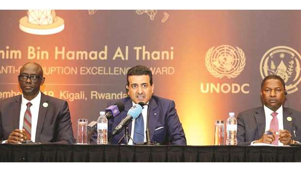 HE the United Nations Special Advocate for the Prevention of Corruption and Chairman of the Board of Trustees of the Rule of Law and Anti-Corruption Center (ROLACC) Dr Ali bin Fetais al-Marri (centre) speaking at the awards event in Kigali, Rwanda, yesterday.