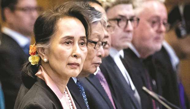 Myanmaru2019s State Counsellor Aung San Suu Kyi stands before UNu2019s International Court of Justice in the Peace Palace of The Hague yesterday, at the start of a three-day hearing on Rohingya genocide case.