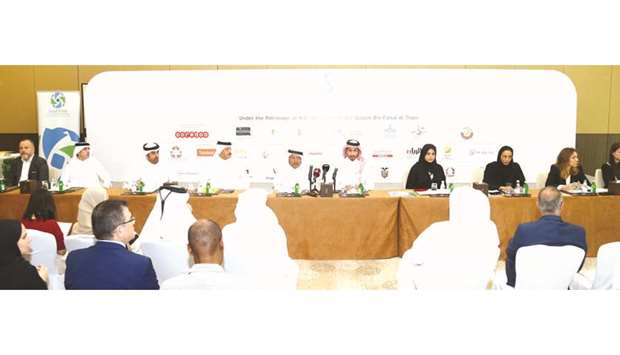HE Sheikh Faisal bin Qassim al-Thani and Abdallah al-Suwaidi, along with officials and representatives from key partners and sponsors of the Eco Dome initiative, at the press conference yesterday. PICTURE: Jayan Orma