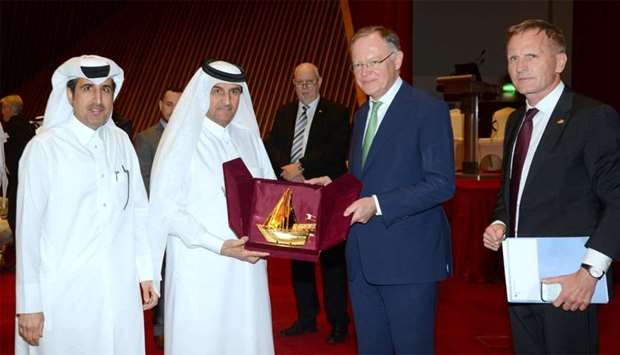 Qatar Chamber board member Dr Khalid bin Klefeekh al-Hajri handing over a token of recognition to the Prime Minister of the Federal State of Lower Saxony, Stephan Weil, in the presence of (from left) Qatar Chamber director general Saleh bin Hamad al-Sharqi and German ambassador Hans-Udo Muzel on the sidelines of the Qatar-Germany Business Meeting held in Doha. PICTURE: Thajudheen