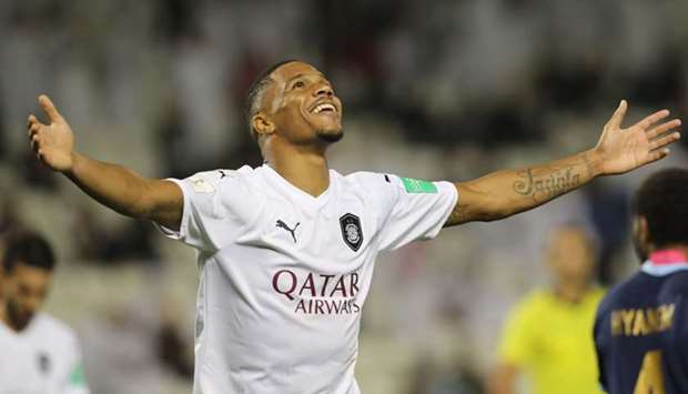 Al Sadd's Ro-Ro celebrates his goal during the FIFA Club World Cup Qatar 2019 match against New Caledonia's Hienghene Sport at Jassim Bin Hamad Stadium in Doha.