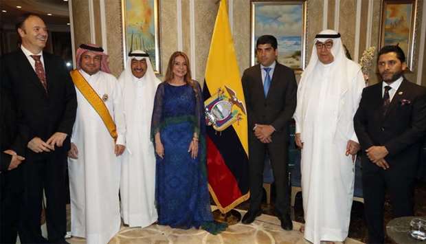 Ecuador Vice President Otto Sonneholzener with ambassador Ivonne A-Bakki, Qatar Ministry of Foreign Affairs Department of Protocol director Ibrahim Yousif Abdullah Fakhro, prominent Qatari businessman Hussain Alfardan and other dignitaries at the reception. PICTURE: Thajudheen