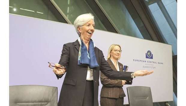 ECB president Christine Lagarde gestures beside Christine Graeff, director general for communications at the ECB, ahead of the central banku2019s rate decision news conference in Frankfurt yesterday. The 25-strong governing council left the ultra-loose measures of Lagardeu2019s predecessor Mario Draghi in place at her maiden meeting, a spokesman said.