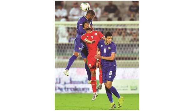 Omanu2019s Abdulaziz al-Muqbali (centre) scored both the goals in the 2-1 win against Kuwait on Saturday. PICTURE: Noushad Thekkayil