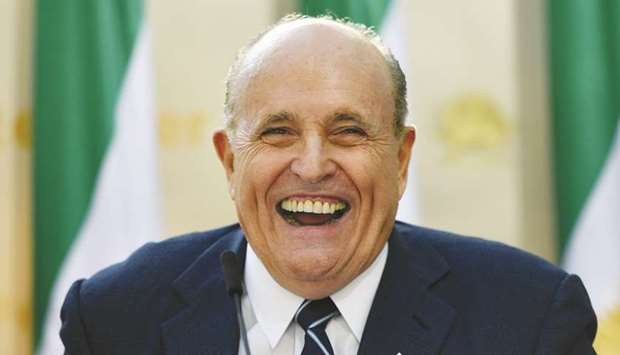 In this file photo taken on September 24, 2019 Rudy Giuliani, Former Mayor of New York City, speaks to the Organisation of Iranian American Communities during their march to urge u201crecognition of the Iranian peopleu2019s right for regime change,u201d outside the United Nations Headquarters in New York.