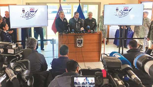 Chilean Air Force General Commander Arturo Merino (centre) speaks during a press conference about the Chilean Air Force C-130 Hercules cargo plane that went missing in the sea between the southern tip of South America and Antarctica, at the Chabunco Military base in Punta Arenas, Chile, yesterday.