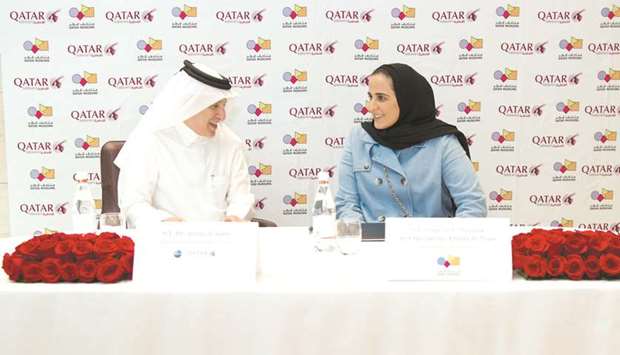 QM chairperson HE Sheikha Al Mayassa bint Hamad bin Khalifa al-Thani and Qatar Airways Group Chief Executive HE Akbar al-Baker at the signing ceremony.