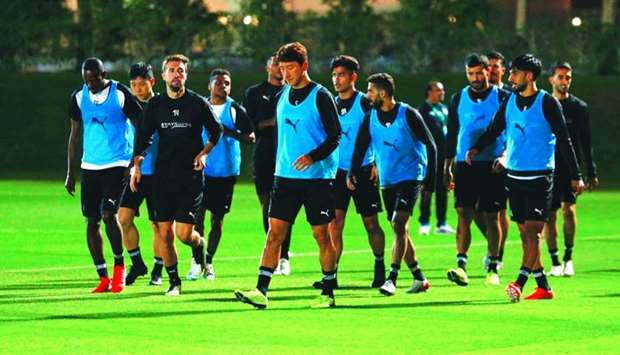Al Sadd players train Friday on the eve of their FIFA Club World Cup quarter-final match against Monterrey. PICTURE: Ram Chand