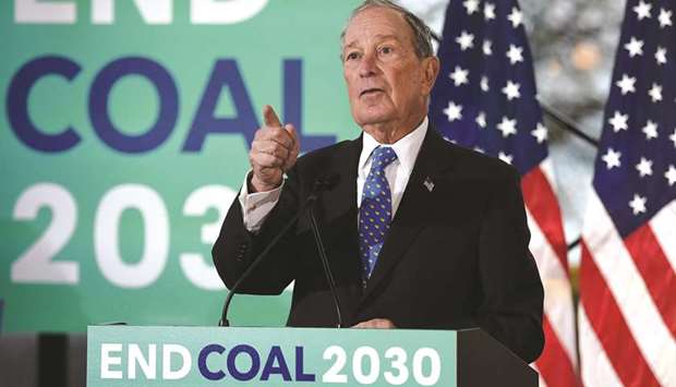 Bloomberg speaking about his plan for clean energy during a campaign event at the Blackwall Hitch restaurant in Alexandria, Virginia.