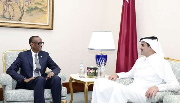 His Highness the Amir Sheikh Tamim bin Hamad Al-Thani met with the President of the Republic of Rwanda Paul Kagame, on the sidelines of the Doha Forum 2019 at Doha Sheraton Hotel on Saturday morning. The meeting reviewed the bilateral relations and ways of promoting them.