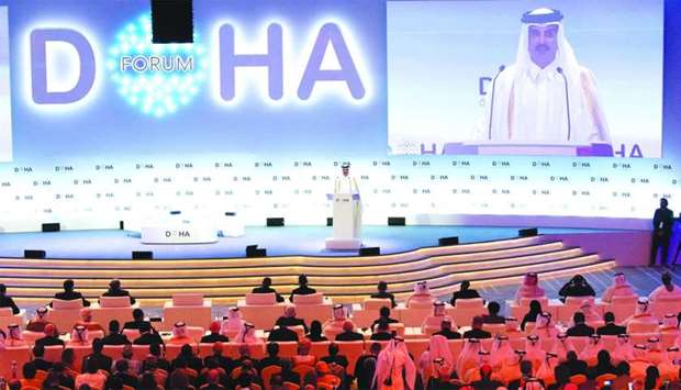 His Highness the Amir Sheikh Tamim bin Hamad al-Thani addressing the inaugural session of Doha Forum 2019 at Doha Sheraton Hotel