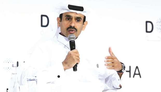 HE the Minister of State for Energy Affairs Saad bin Sherida al-Kaabi stressing a point during a panel discussion at the Doha Forum yesterday. PICTURE: Shemeer Rasheed