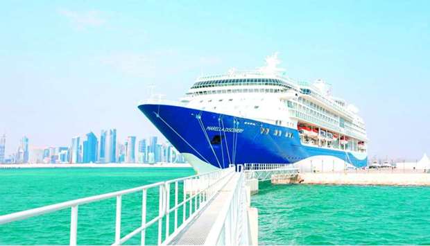 Luxury cruise ship Marella Discovery docked at Doha Port.rnrn