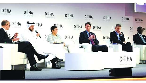 Mansoor bin Ebrahim al-Mahmoud with other panelists at Doha Forum.rnrn