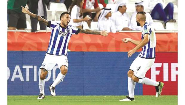Monterreyu2019s Leonel Vangioni (left) celebrates scoring their first goal during the FIFA Club World Cup match against Al Sadd on Saturday. (Reuters)