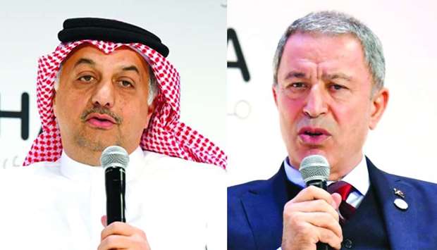 HE Dr Khalid bin Mohamed al-Attiyah and Hulusi Akar at Doha Forum on Sunday. PICTURES: Shemeer Rasheed
