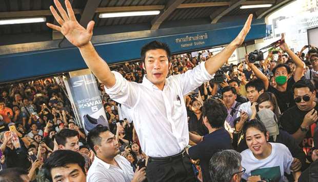 Thai Future Forward Partyu2019s leader Thanathorn Juangroongruangkit addresses his supporters during an unauthorised flash mob rally in downtown Bangkok yesterday.