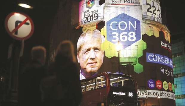 This picture taken on Thursday shows the BBC projection of the election exit polls results on its Broadcast House building in London.