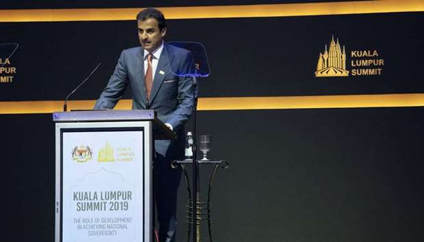 His Highness the Amir Sheikh Tamim bin Hamad al-Thani delivering his speech at the opening session of the Kuala Lumpur Summit 2019