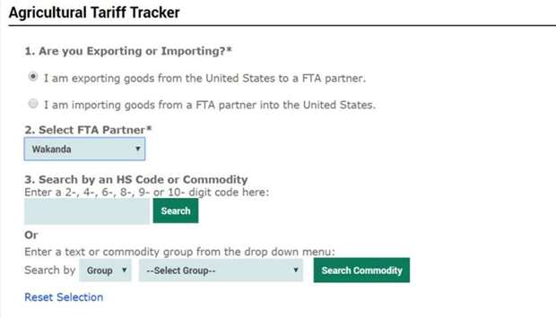 u2018Wakandau2019, a fictional country from the movie u2018Black Pantheru2019, is seen as an option of a free trade partner with the US, in this screenshot obtained from the USDA website