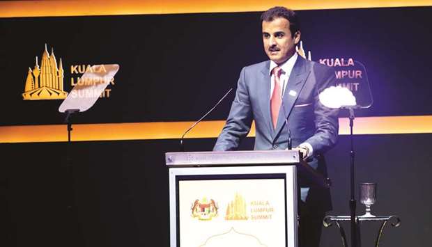 His Highness the Amir Sheikh Tamim bin Hamad al-Thani delivering his speech at the opening session of the Kuala Lumpur Summit 2019 yesterday.