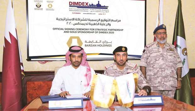 HE Lt General (Pilot) Ghanem bin Shaheen al-Ghanem, Nasser Hassan al-Naimi, and Staff Brigadier (Sea) Abdulbaqi Saleh al-Ansari at the agreement signing ceremony.